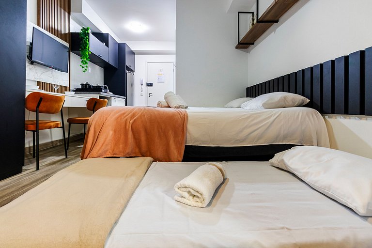 Studio - Cama King, Piscina, Rooftop e Coworking